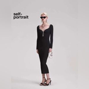 Self Portrait BLACK KNIT DIAMANTE MIDI DRESS